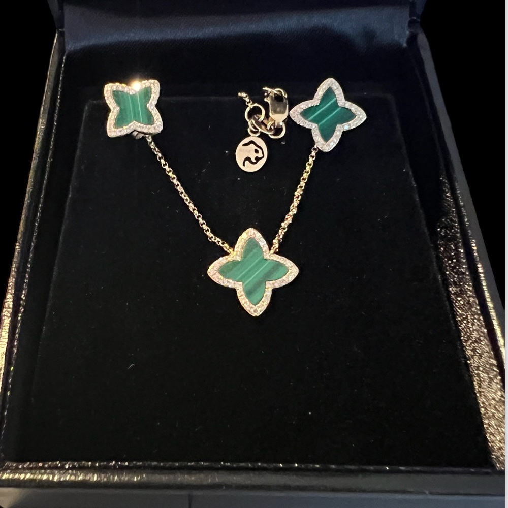 EFFY 14K Yellow Gold Malachite & Diamond Necklace And Stud Earrings Set